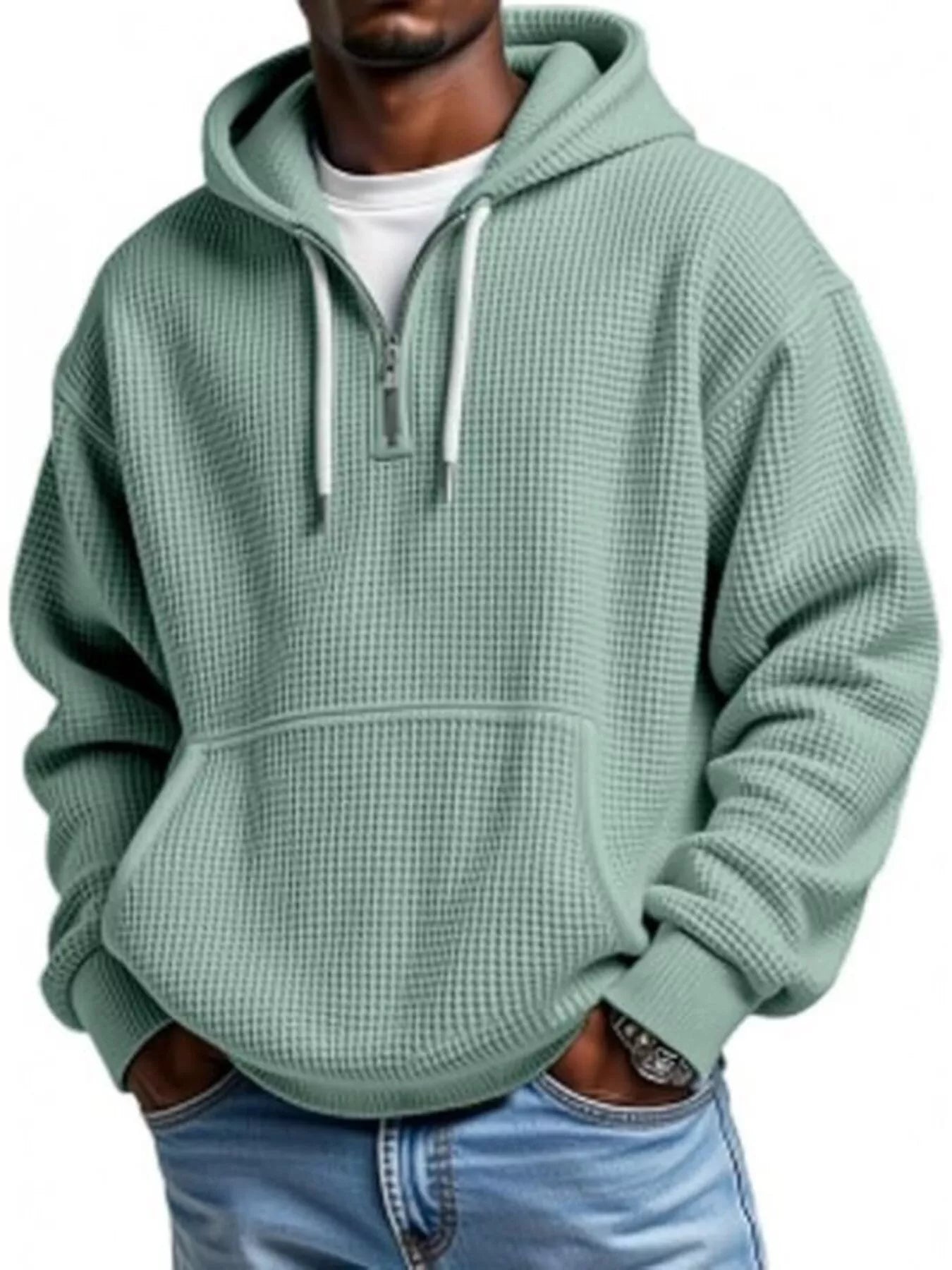 Men's Full Size Waffle Knit Quarter Zip Hoodie Plus Size