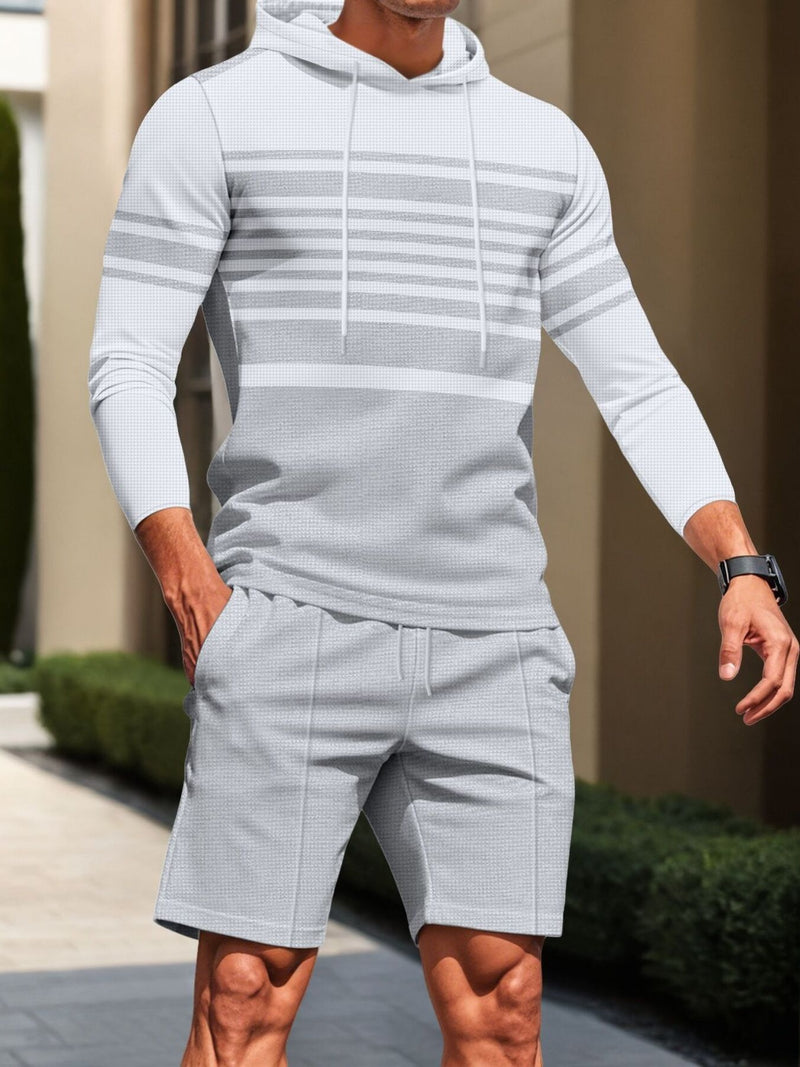 Men's Full Size Striped Hoodie & Shorts Casual Set Plus Size