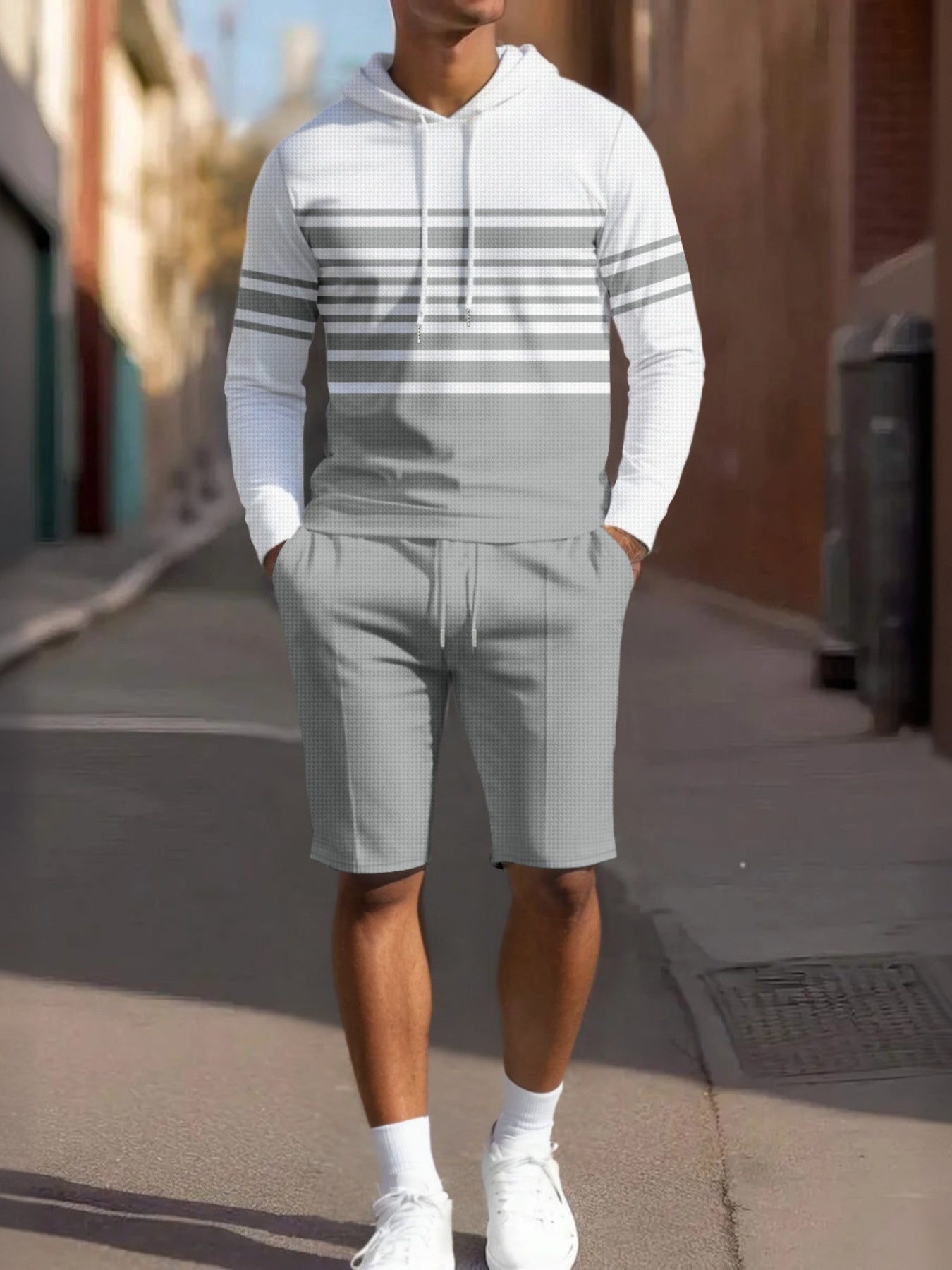 Men's Full Size Striped Hoodie & Shorts Casual Set Plus Size