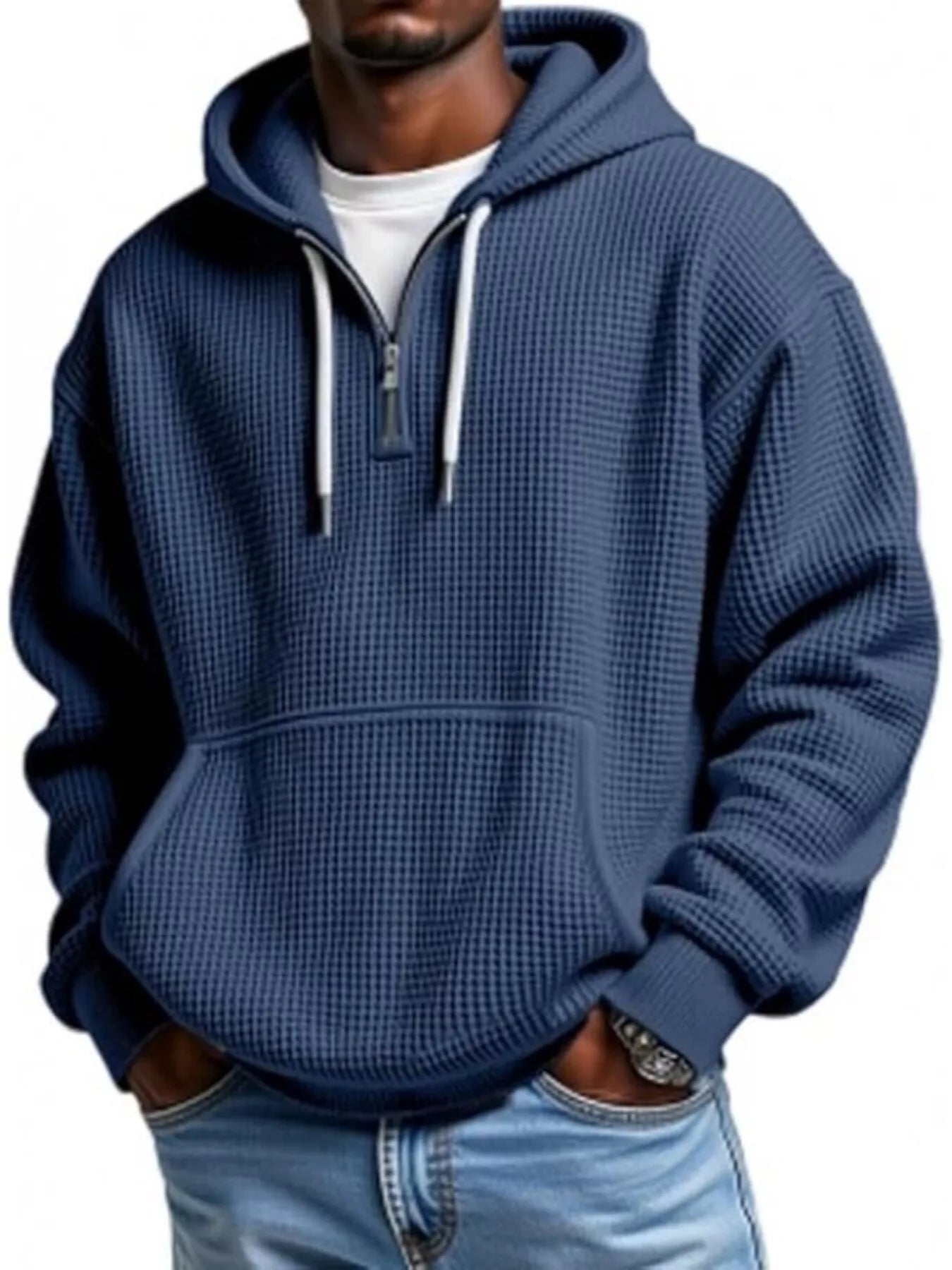Men's Full Size Waffle Knit Quarter Zip Hoodie Plus Size