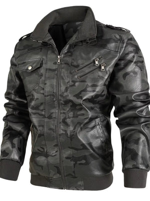 Men's Full Size Zip Up Camouflage Faux Leather Jacket Plus Size