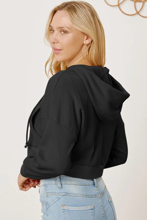 Waffle-Knit Drawstring Zip Up Hoodie