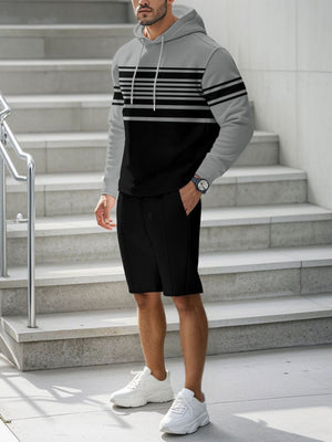 Men's Full Size Striped Hoodie & Shorts Casual Set Plus Size
