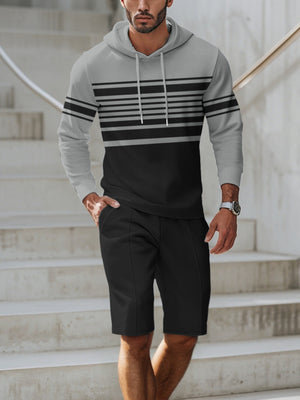 Men's Full Size Striped Hoodie & Shorts Casual Set Plus Size