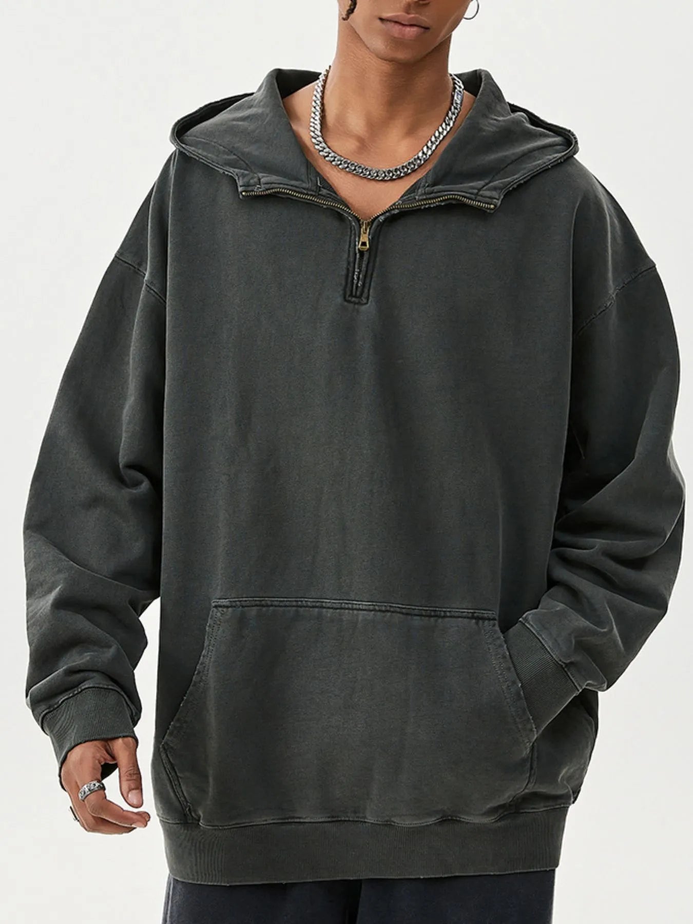 Men's Washed Quarter-Zip Hoodie with Kangaroo Pocket