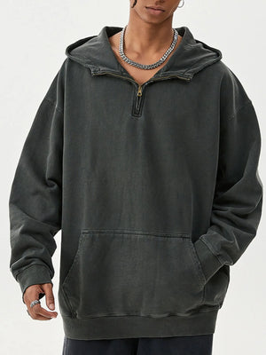 Men's Washed Quarter-Zip Hoodie with Kangaroo Pocket