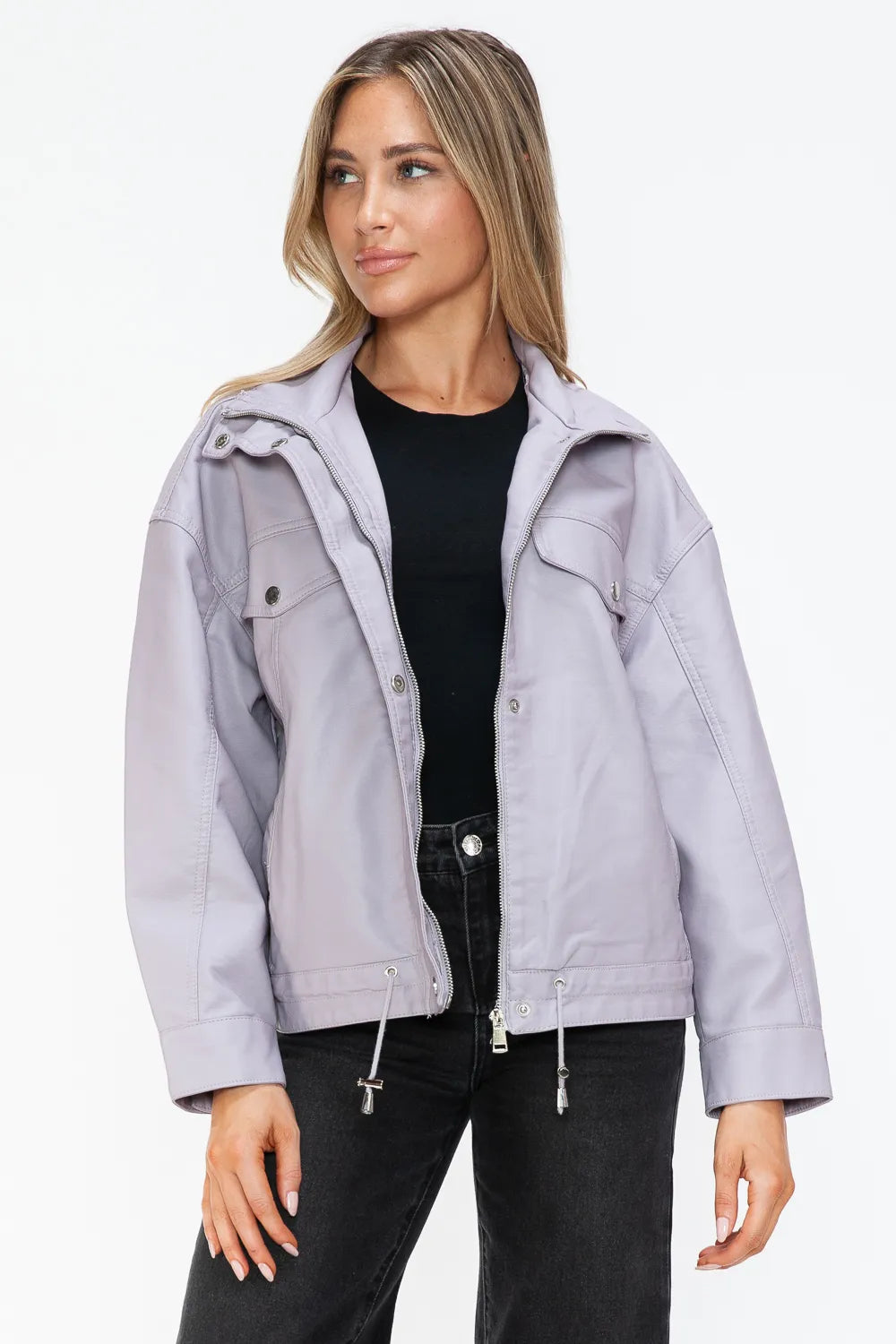 How Dare U Drawstring Hem PU Leather Zip Up Jacket