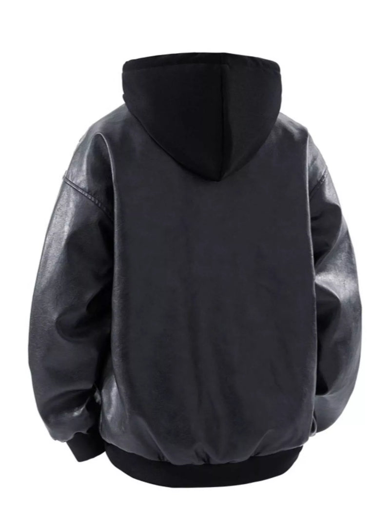 Men's Plus Size Hooded Faux Leather Moto Jacket