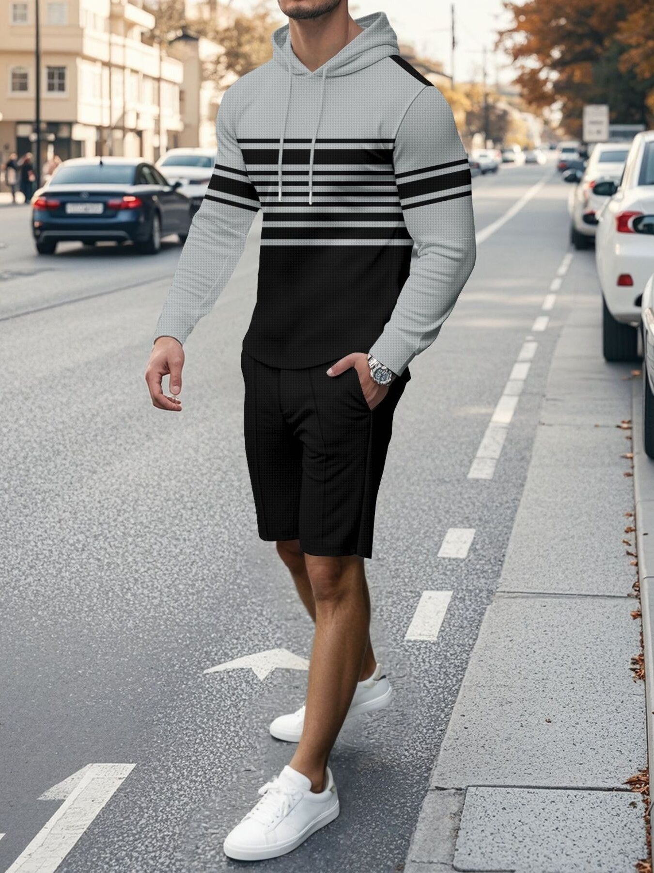Men's Full Size Striped Hoodie & Shorts Casual Set Plus Size