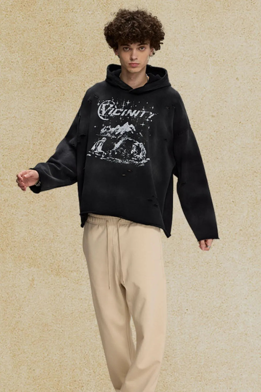 Men's Distressed Graphic Long Sleeve Hoodie