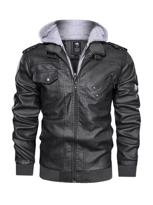 Men's Full Size Hooded Faux Leather Moto Jacket Plus Size