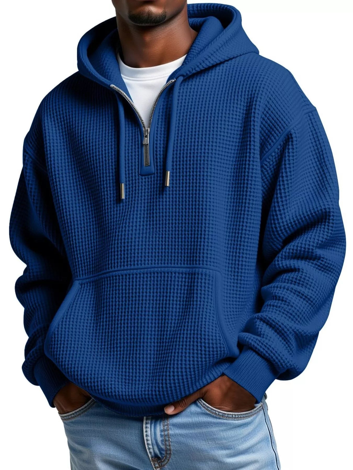Men's Full Size Textured Waffle Knit Half-Zip Hoodie Plus Size