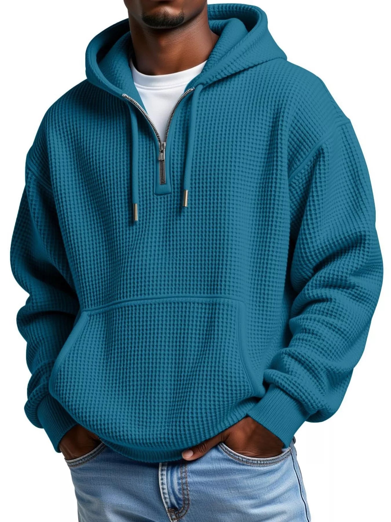 Men's Full Size Textured Waffle Knit Half-Zip Hoodie Plus Size