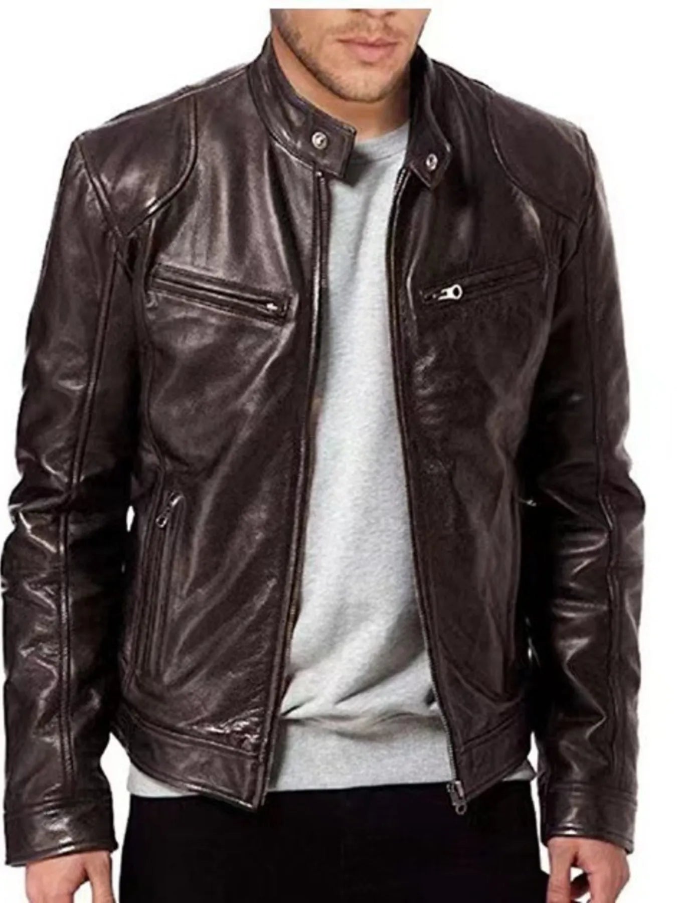 Men's Full Size Leather Biker Jacket with Zipper Pockets Plus Size