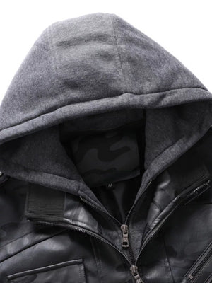 Men's Full Size Camouflage Hooded Faux Leather Jacket Plus Size
