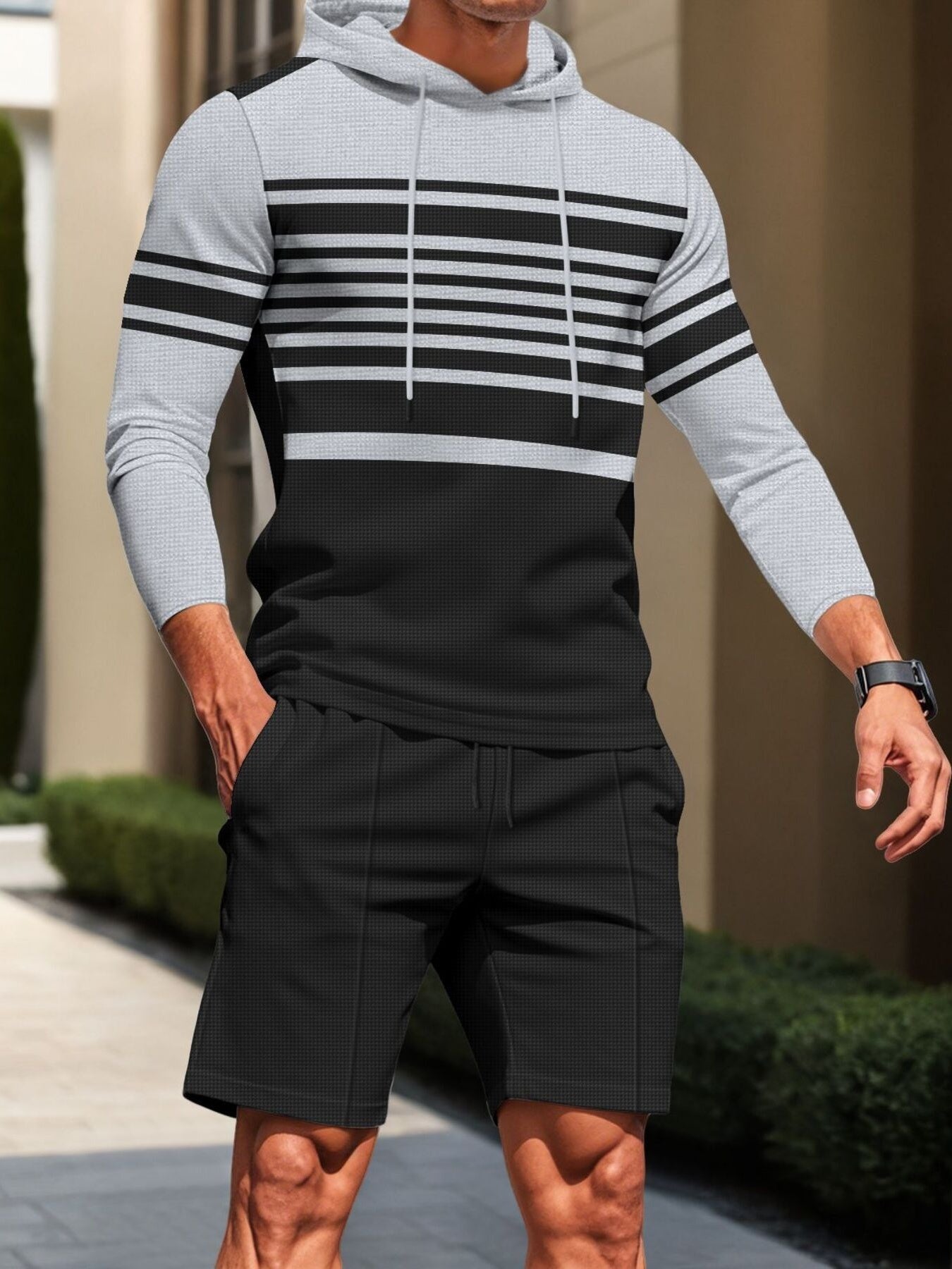 Men's Full Size Striped Hoodie & Shorts Casual Set Plus Size