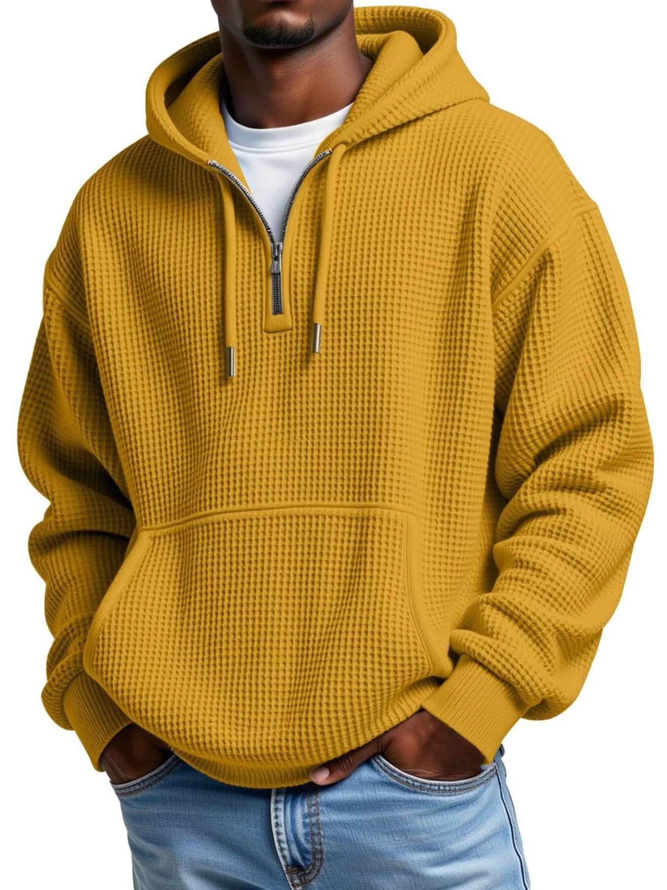 Men's Full Size Textured Waffle Knit Half-Zip Hoodie Plus Size