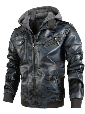 Men's Full Size Hooded Faux Leather Moto Jacket Plus Size