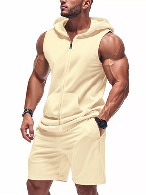 Men's Full Size Zip Up Sleeveless Hoodie & Shorts Set Plus Size