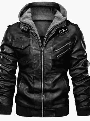 Men's Full Size Hooded Faux Leather Moto Jacket Plus Size