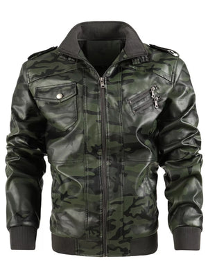 Men's Full Size Zip Up Camouflage Faux Leather Jacket Plus Size
