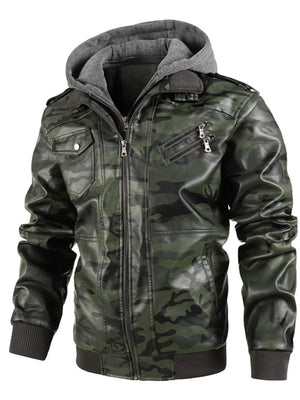 Men's Full Size Hooded Faux Leather Moto Jacket Plus Size