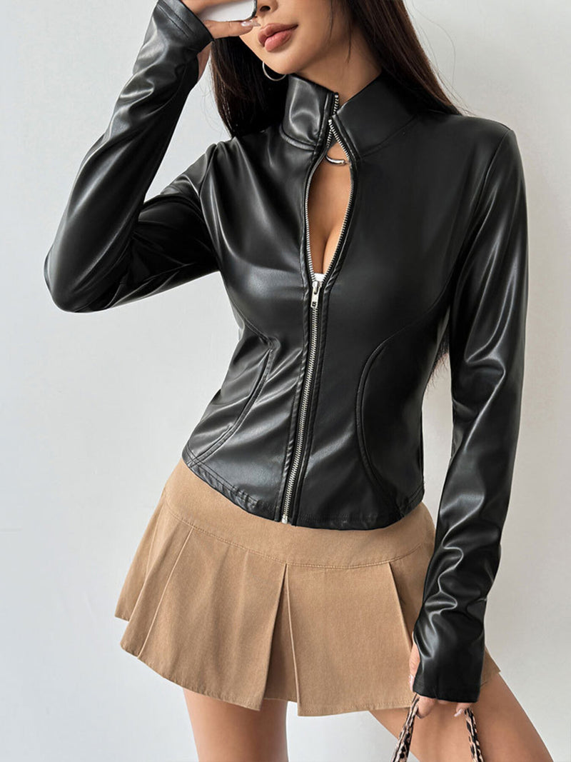 Zip Up Long Sleeve Leather Jacket