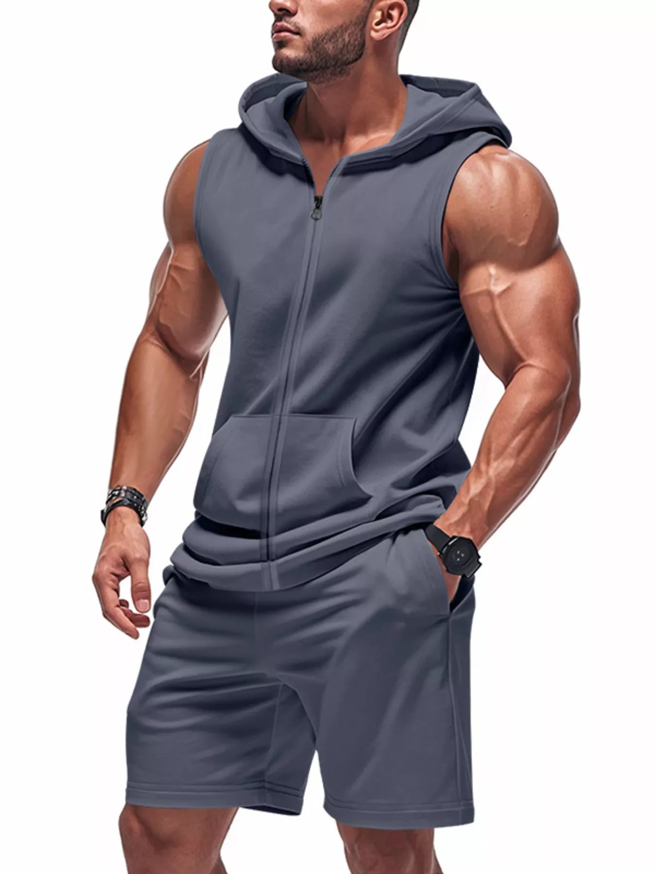 Men's Full Size Zip Up Sleeveless Hoodie & Shorts Set Plus Size