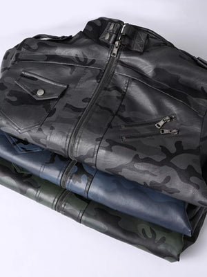 Men's Full Size Zip Up Camouflage Faux Leather Jacket Plus Size