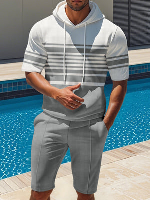 Men's Full Size Striped Short Sleeve Hoodie and Shorts Set Plus Size