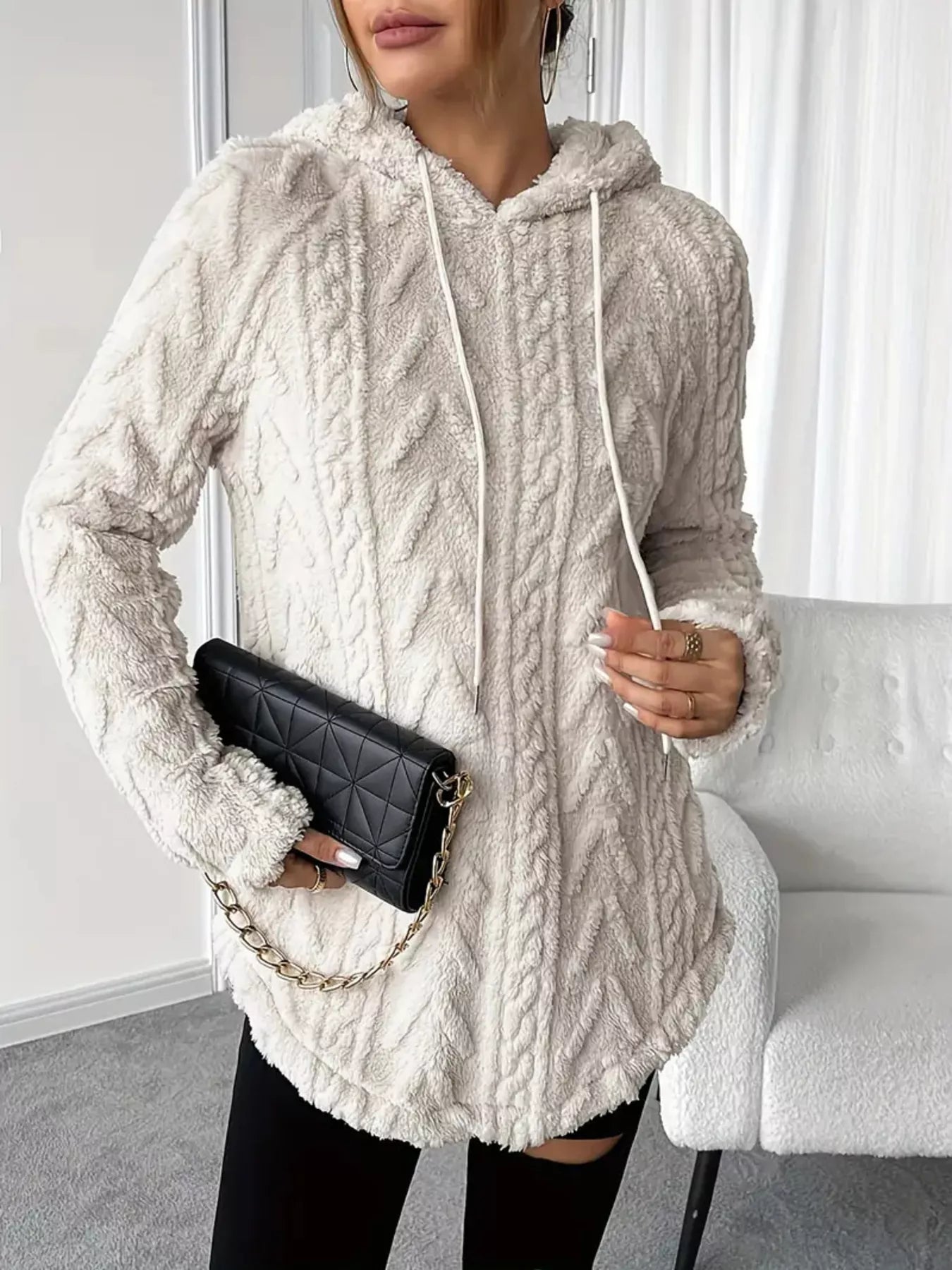 Cozy Textured Drawstring Fleece Hoodie