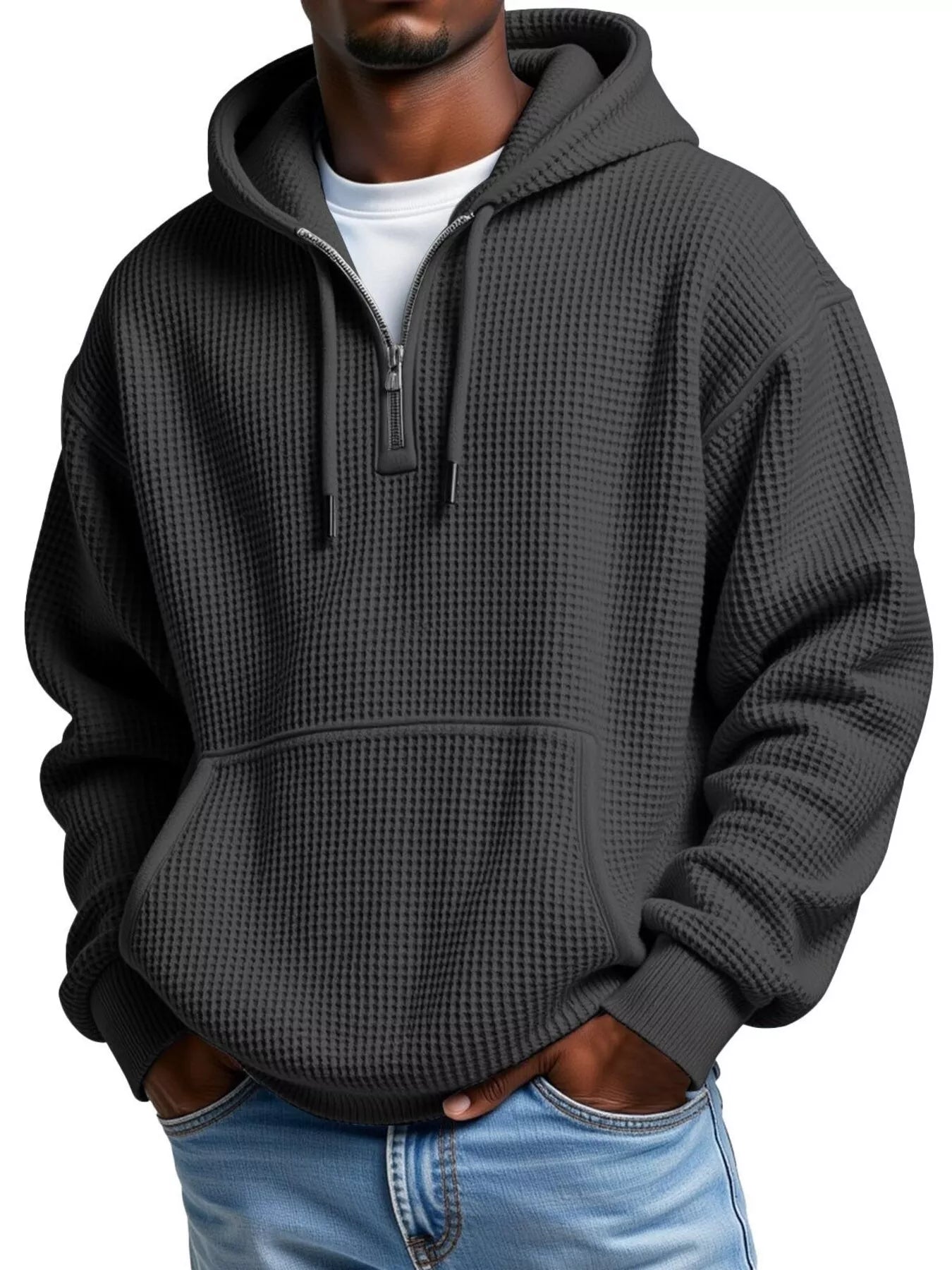 Men's Full Size Textured Waffle Knit Half-Zip Hoodie Plus Size