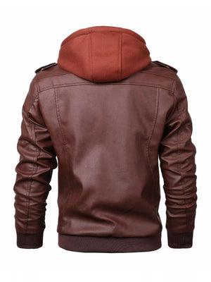 Men's Full Size Hooded Faux Leather Moto Jacket Plus Size