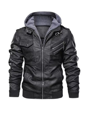 Men's Full Size Hooded Faux Leather Moto Jacket Plus Size
