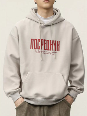 Men's Plus Size Drawstring Letter Dropped Shoulder Hoodie