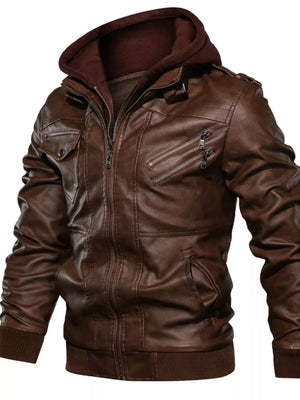 Men's Full Size Hooded Faux Leather Moto Jacket Plus Size