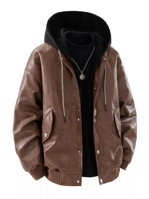 Men's Plus Size Hooded Faux Leather Moto Jacket