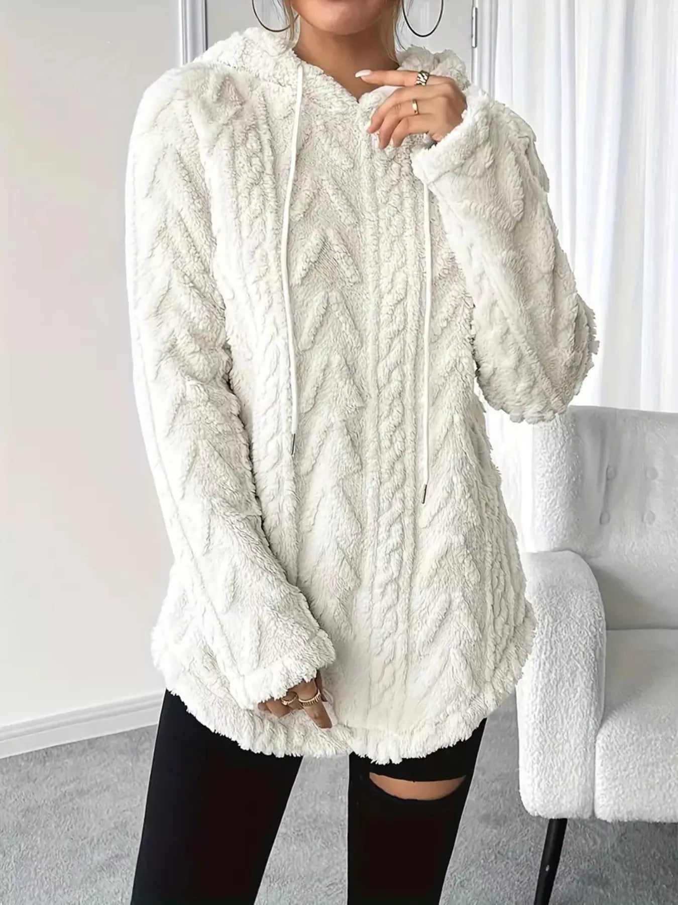 Cozy Textured Drawstring Fleece Hoodie