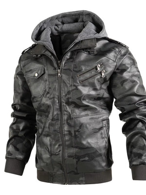 Men's Full Size Hooded Faux Leather Moto Jacket Plus Size