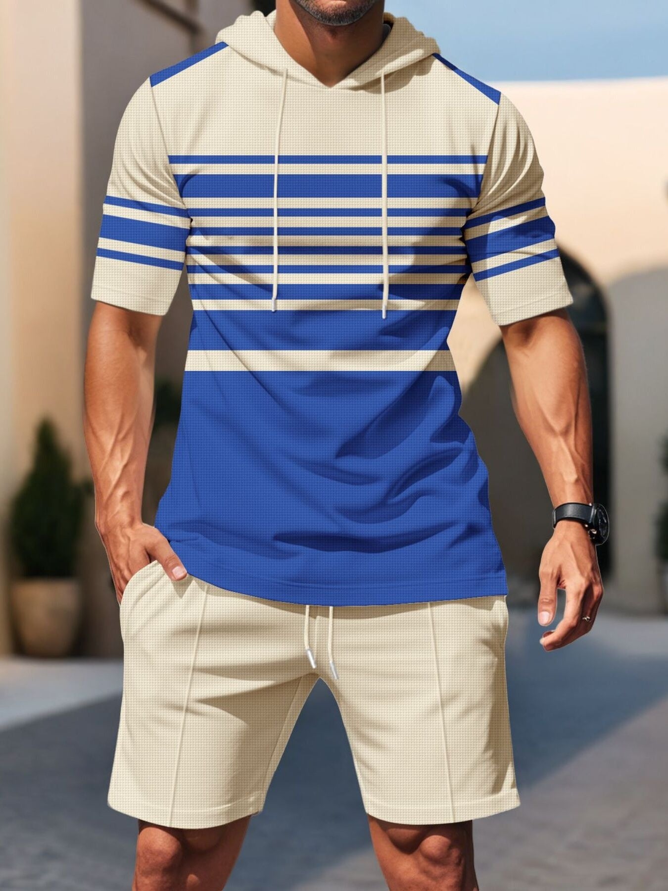 Men's Full Size Striped Short Sleeve Hoodie and Shorts Set Plus Size