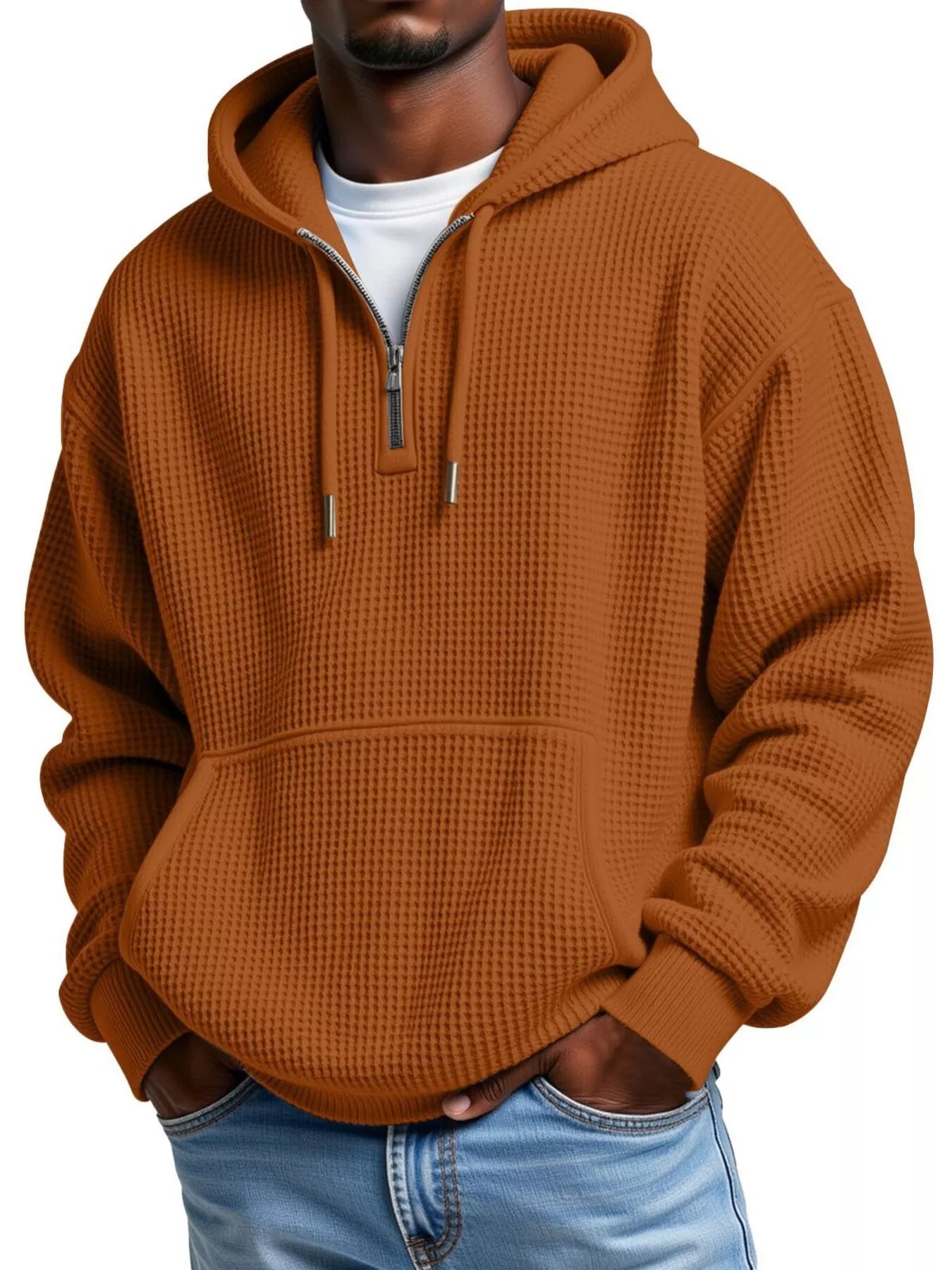 Men's Full Size Textured Waffle Knit Half-Zip Hoodie Plus Size
