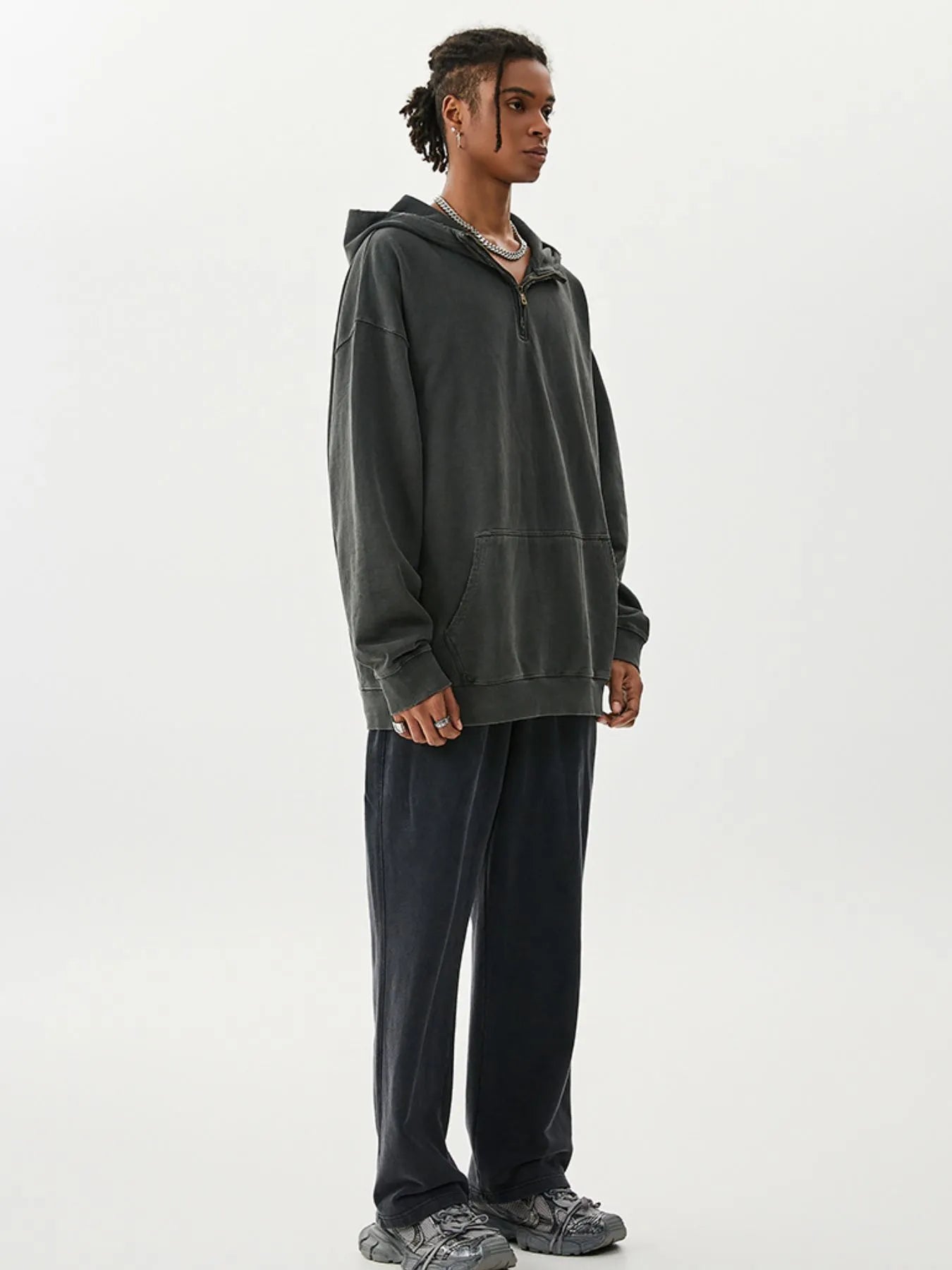 Men's Washed Quarter-Zip Hoodie with Kangaroo Pocket