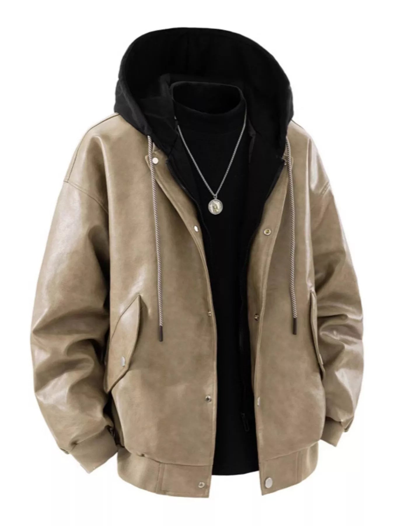 Men's Plus Size Hooded Faux Leather Moto Jacket