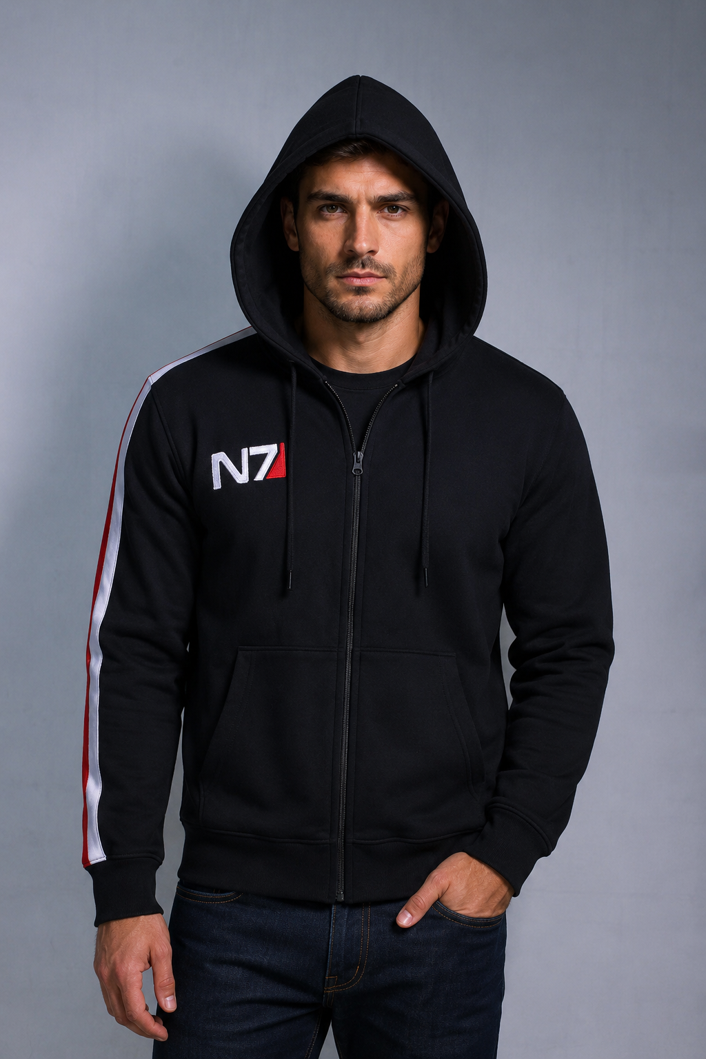 Mass Effect N7 Black Cosplay Hoodie – Gaming Inspired Pullover Hoodie for Men & Women