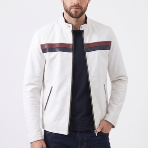 White Café Racer Biker Jacket with Chest Stripe Design