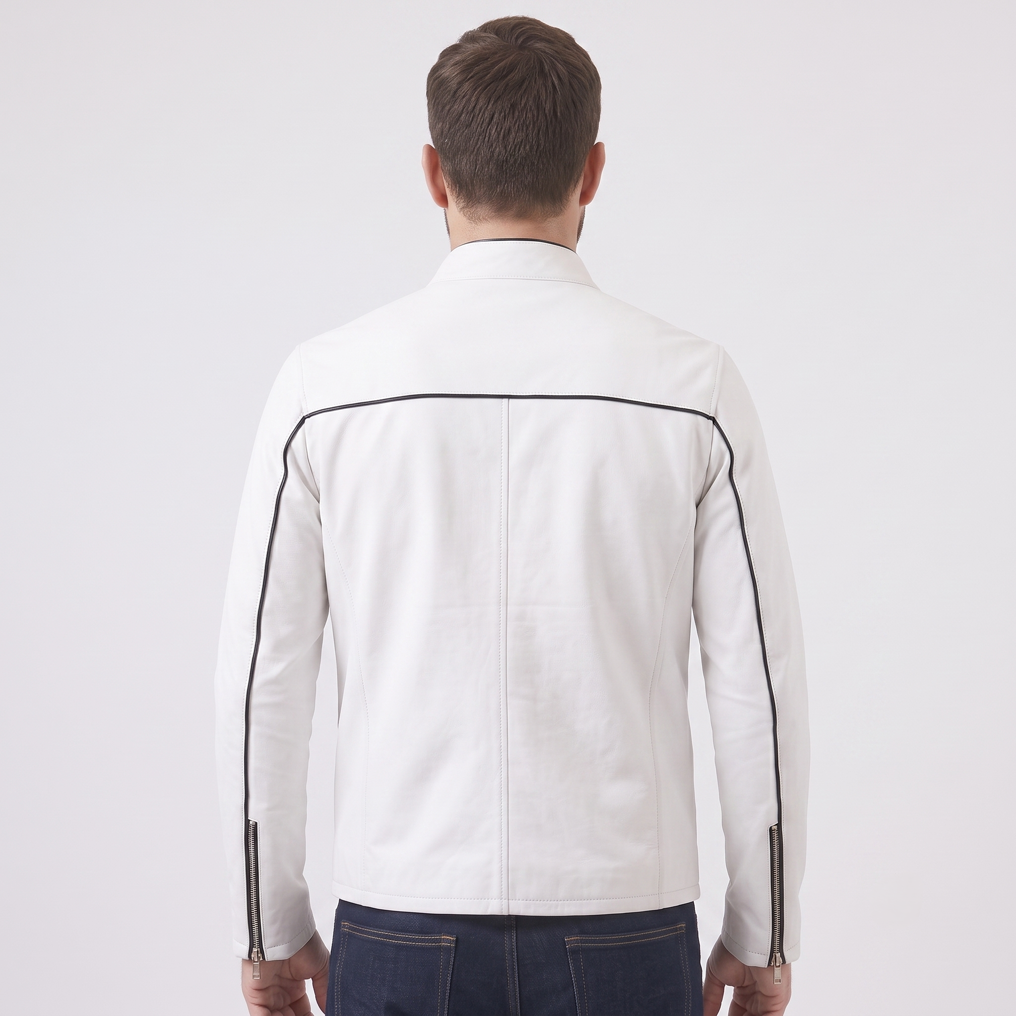 White Café Racer Biker Jacket with Chest Stripe Design