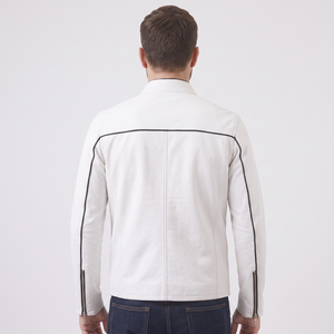 White Café Racer Biker Jacket with Chest Stripe Design