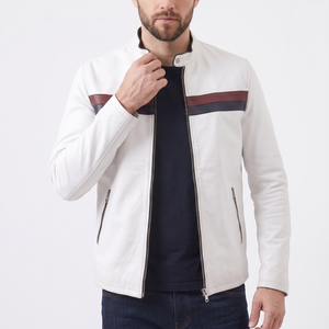 White Café Racer Biker Jacket with Chest Stripe Design