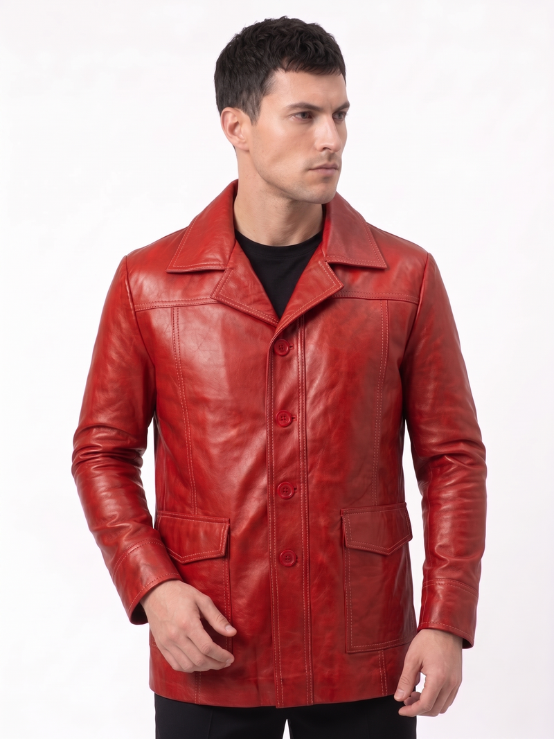 Tyler Durden Fight Club Red Leather Jacket – Brad Pitt Inspired Vintage Leather Coat for Men