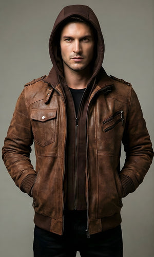 Mens Brown Urban Hooded Leather Bomber Jacket